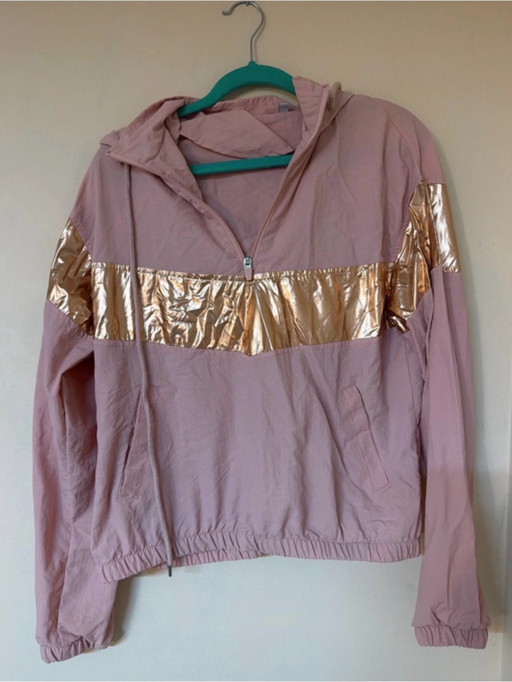 Fashion Nova Dusty Pink Hooded Windbreaker with Metallic Gold Band
